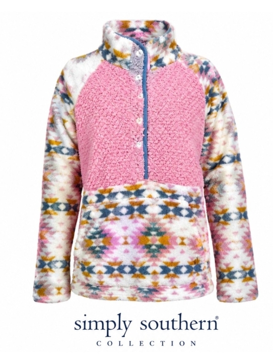 Simply Southern Jackets & Blazers - Simply Southern Pink Sherpa Pullover with Multicolor Aztec Print